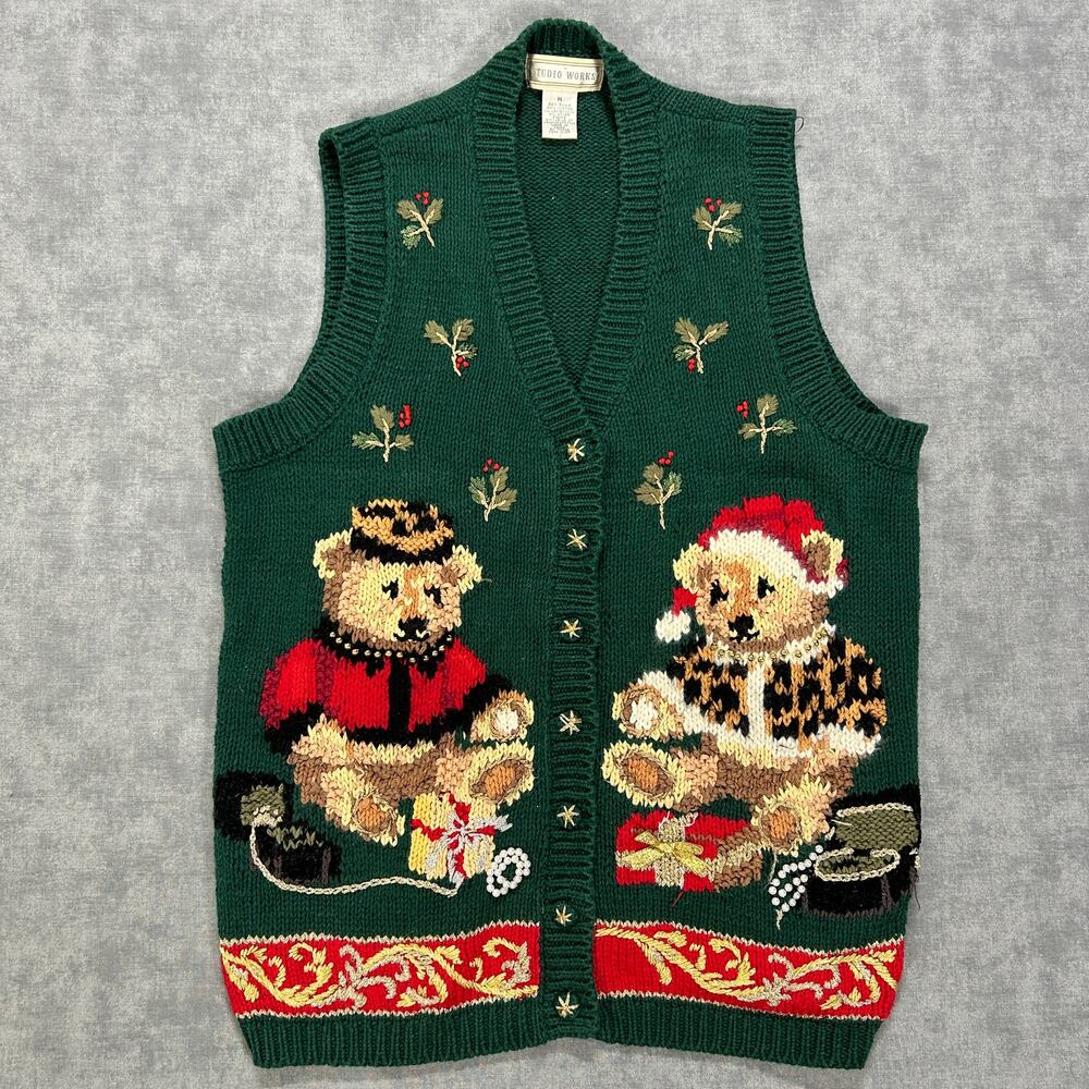 Vintage 90s Studio Works Christmas Teddy Bear Cardigan Womens M Holiday Knit
